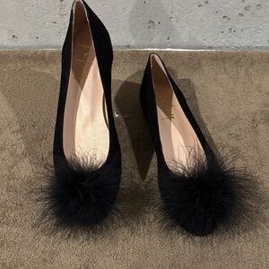 French Sole New York Black Suede Ballerina Flats w/ Ostrich Feather Accents-Sz 8